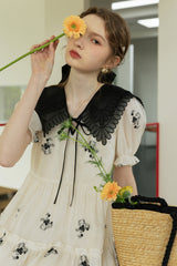 Navy Collar Paneled Embroidered Dress