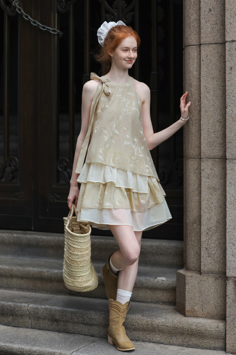Halterneck Bow Tie Multi-layered Patchwork Dress