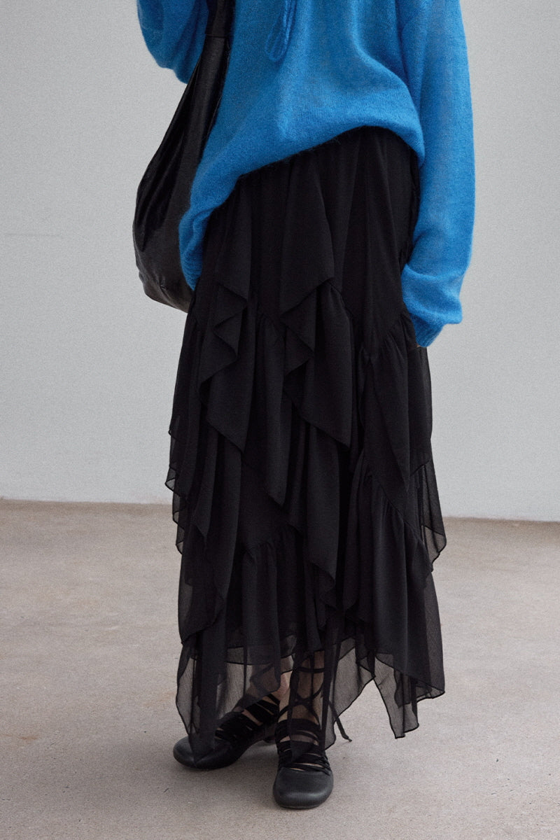 Laminated Ruffled Asymmetrical Skirt