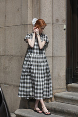 French Vintage Tie V-Neck Check Dress