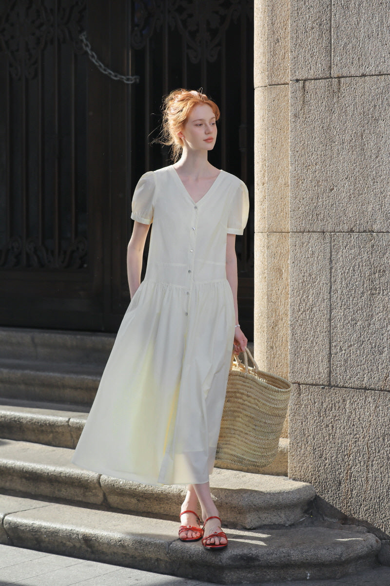 Split V-Neck Puff Sleeve Shirt Dress