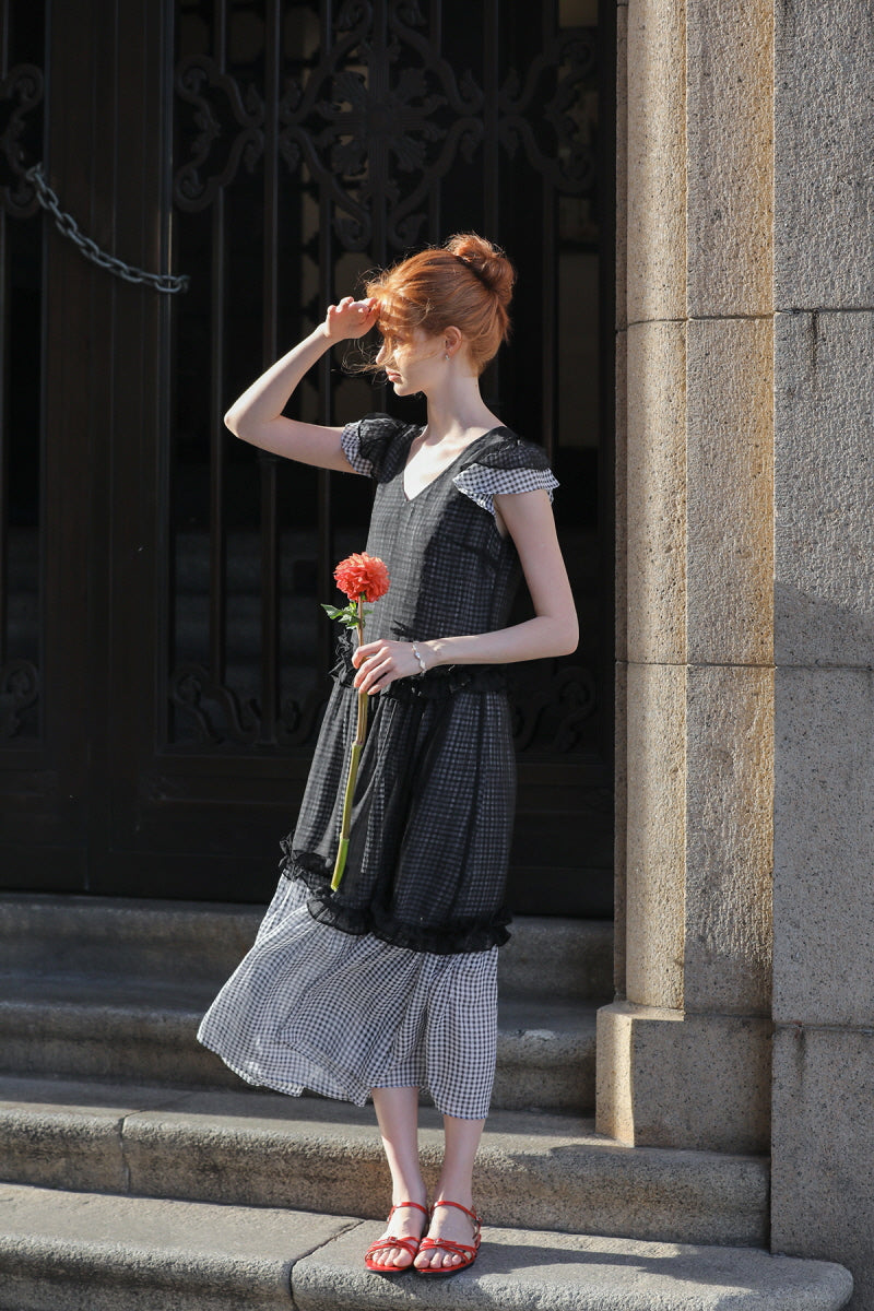 Gentle V-Neck Fly Sleeve Patchwork Check Dress