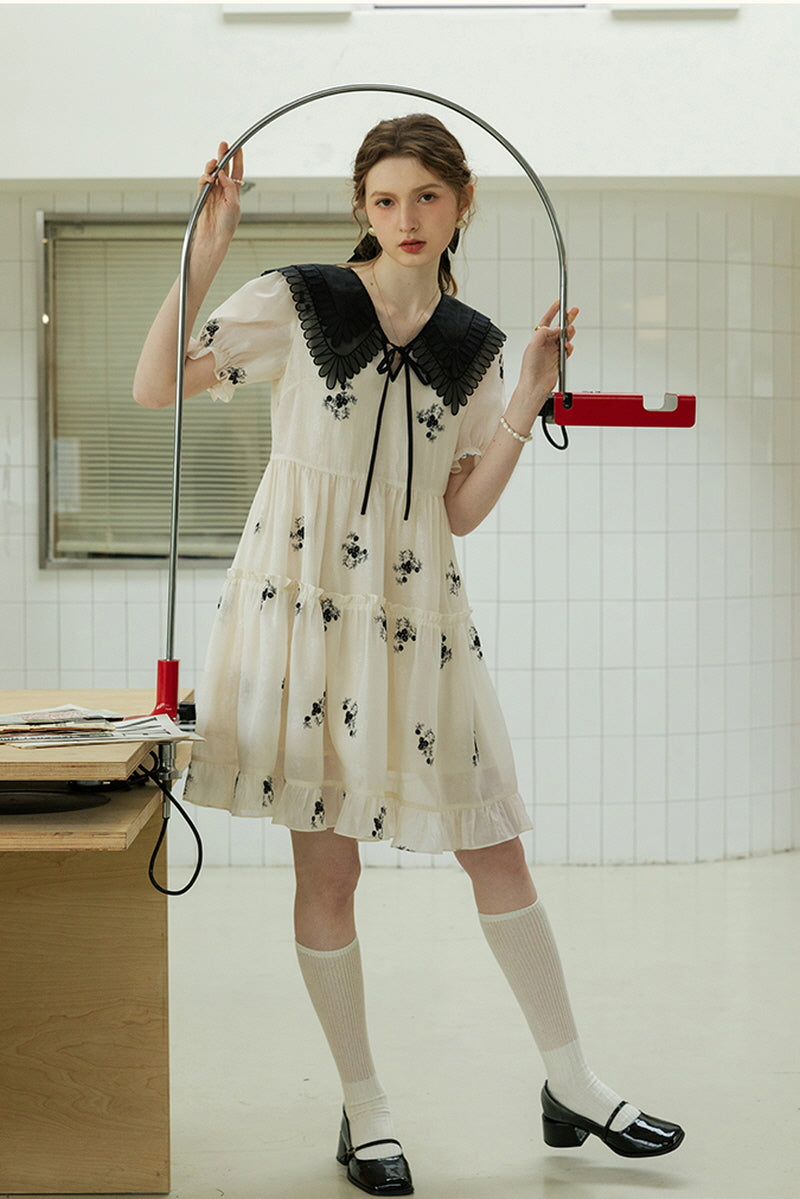 Navy Collar Paneled Embroidered Dress