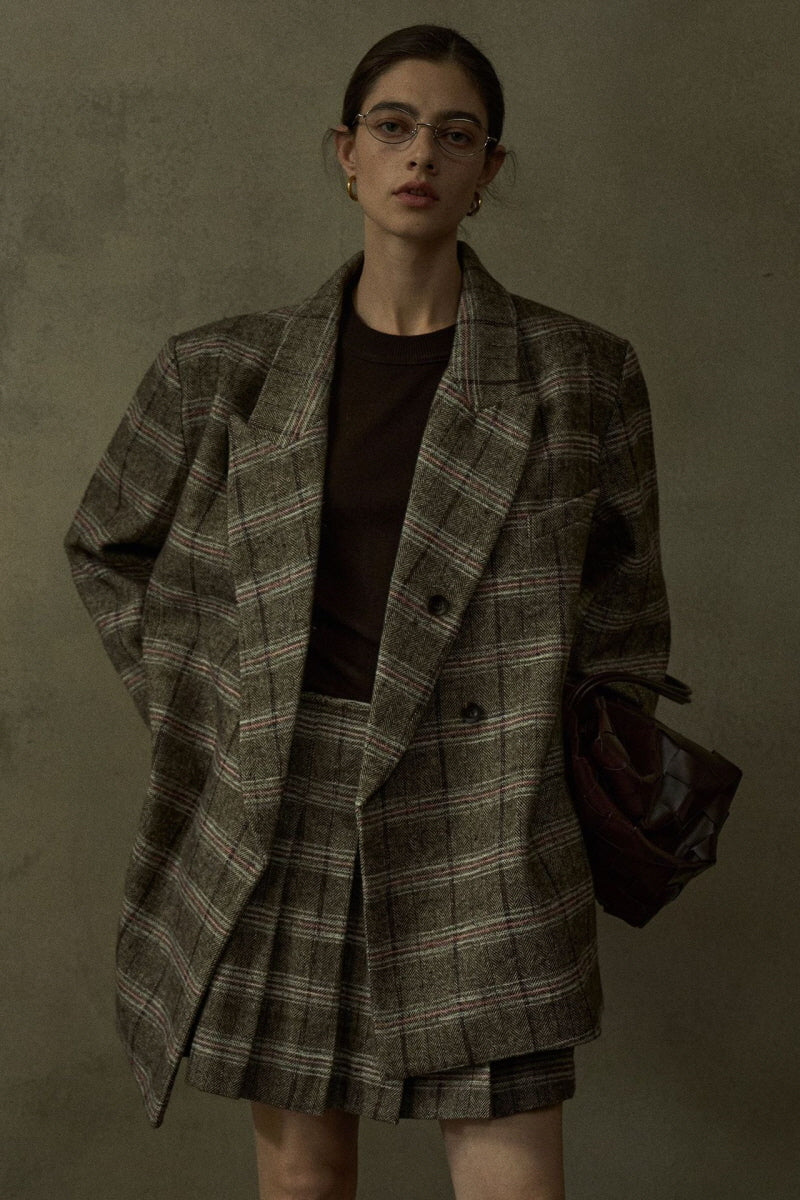 Retro Plaid Wide-Shoulder Suit Jacket