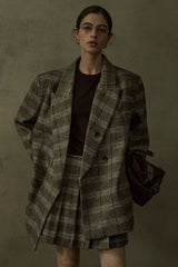 Retro Plaid Wide-Shoulder Suit Jacket