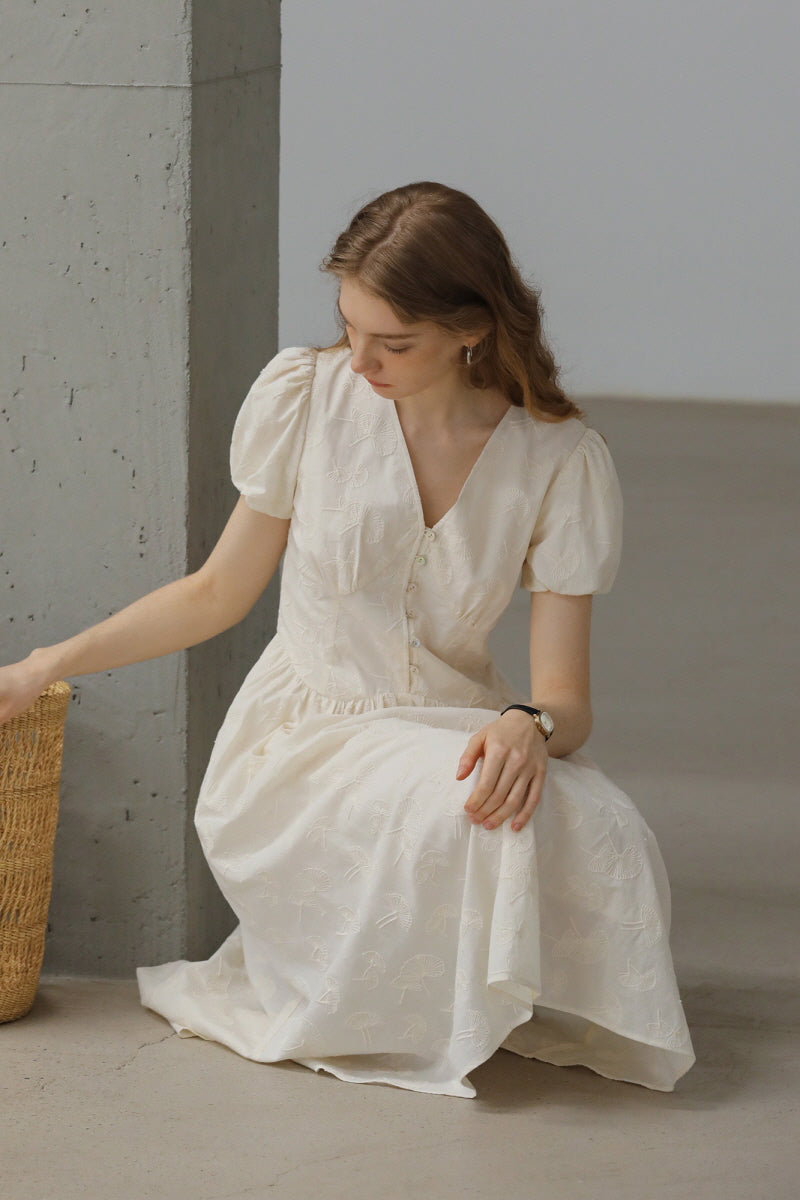 Gentle V-Neck Embroidered Long Dress