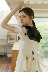 Navy Collar Paneled Embroidered Dress