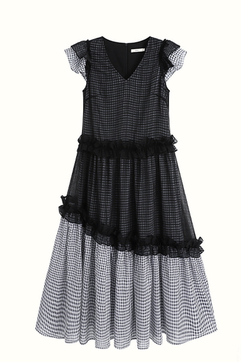 Gentle V-Neck Fly Sleeve Patchwork Check Dress