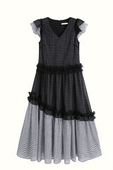 Gentle V-Neck Fly Sleeve Patchwork Check Dress