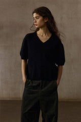 V-Neck Loose Short Sleeve Knit Top