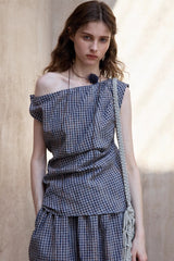 Asymmetrical Plaid Off-Shoulder Top