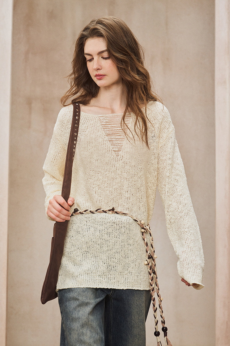 Cut-Out V-Neck Loose Sweater