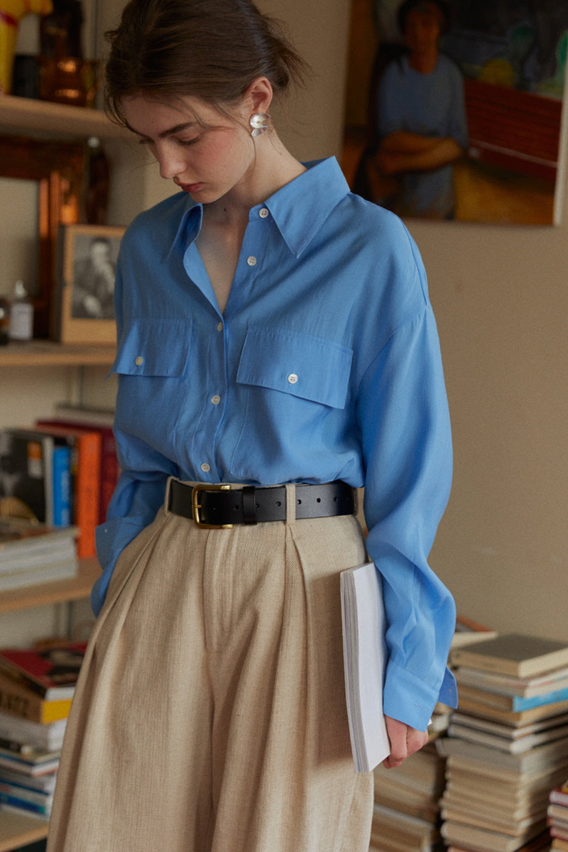 Bright Spring Blue Relaxed Lapel Long Shirt