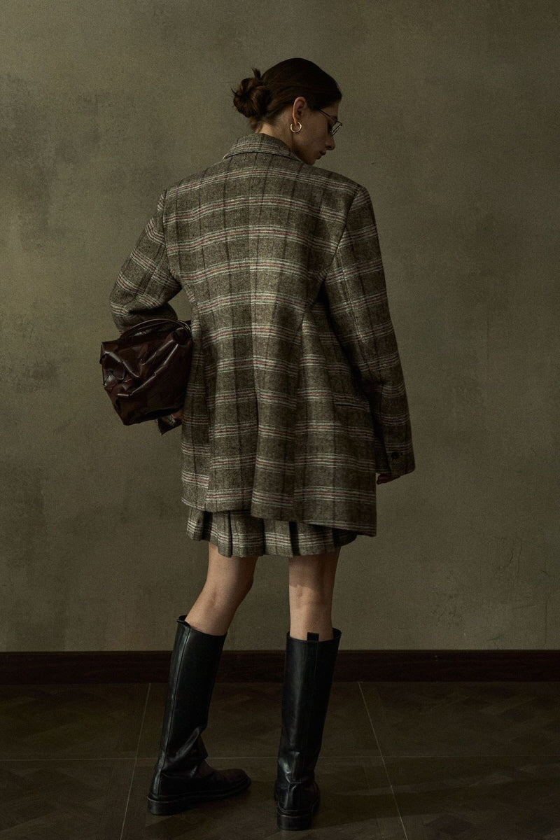 Retro Plaid Wide-Shoulder Suit Jacket