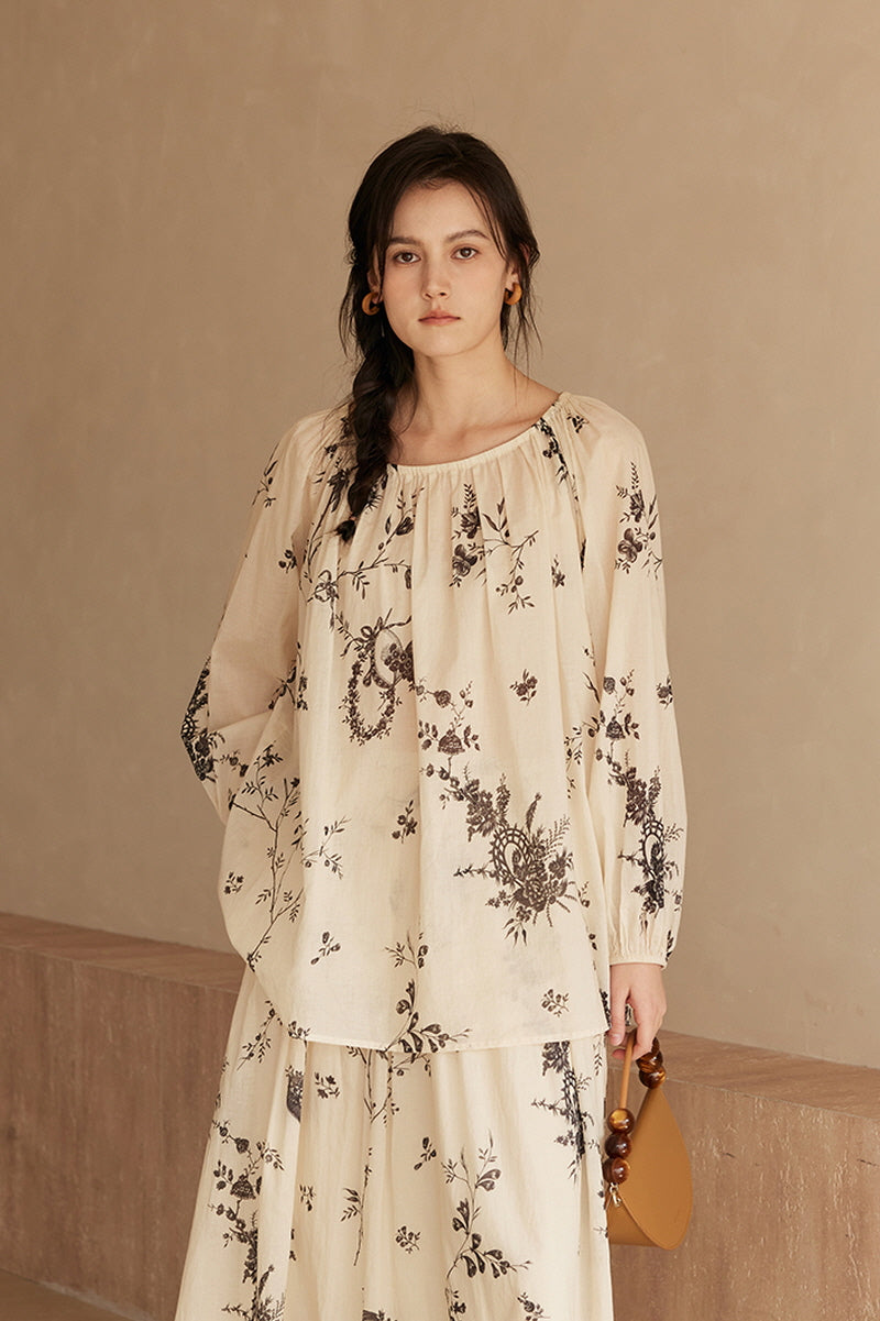 French Botanical Print Loose Shirt