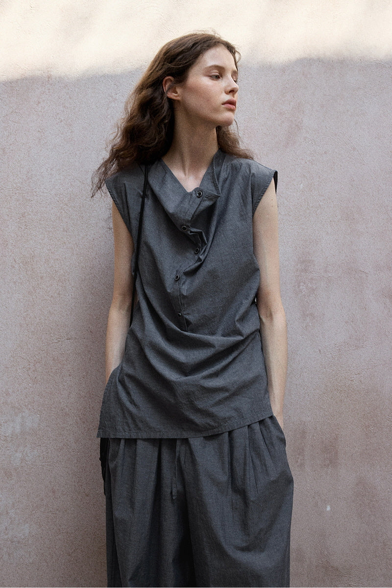 Asymmetric Slanted Placket Sleeveless Top