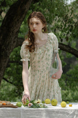 Square Neck Embroidered Floral Long Dress