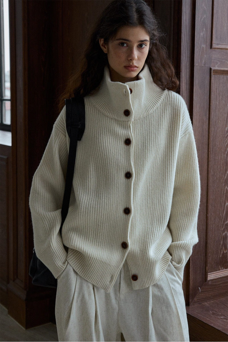 Stand-Collar Dropped-Shoulder Knit Cardigan