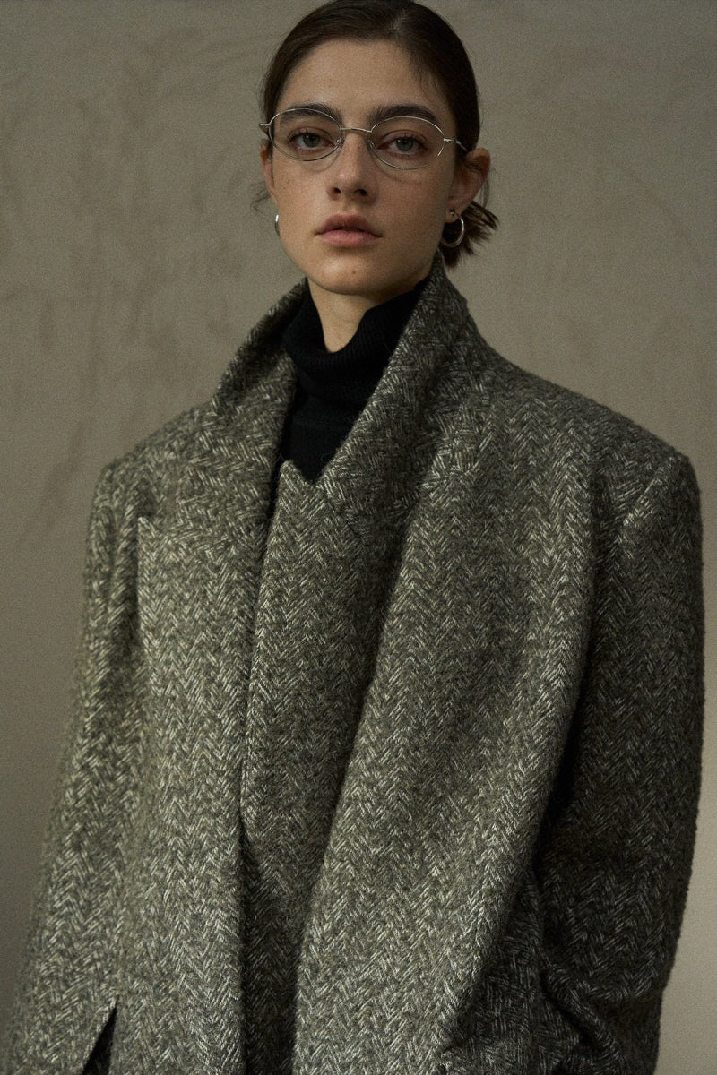 Textured Herringbone Lapel Coat