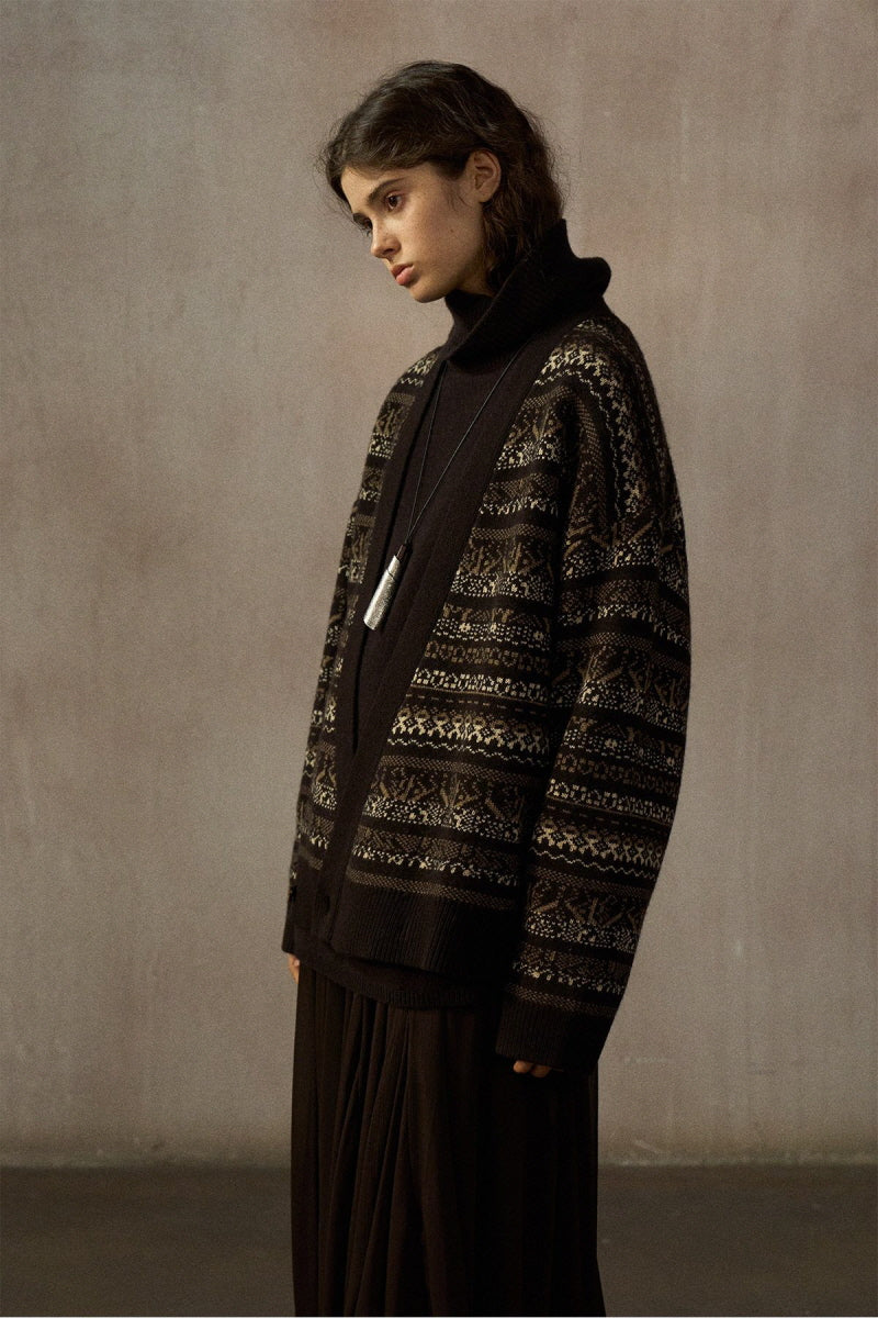 Oversized Fair Isle V-Neck Cardigan