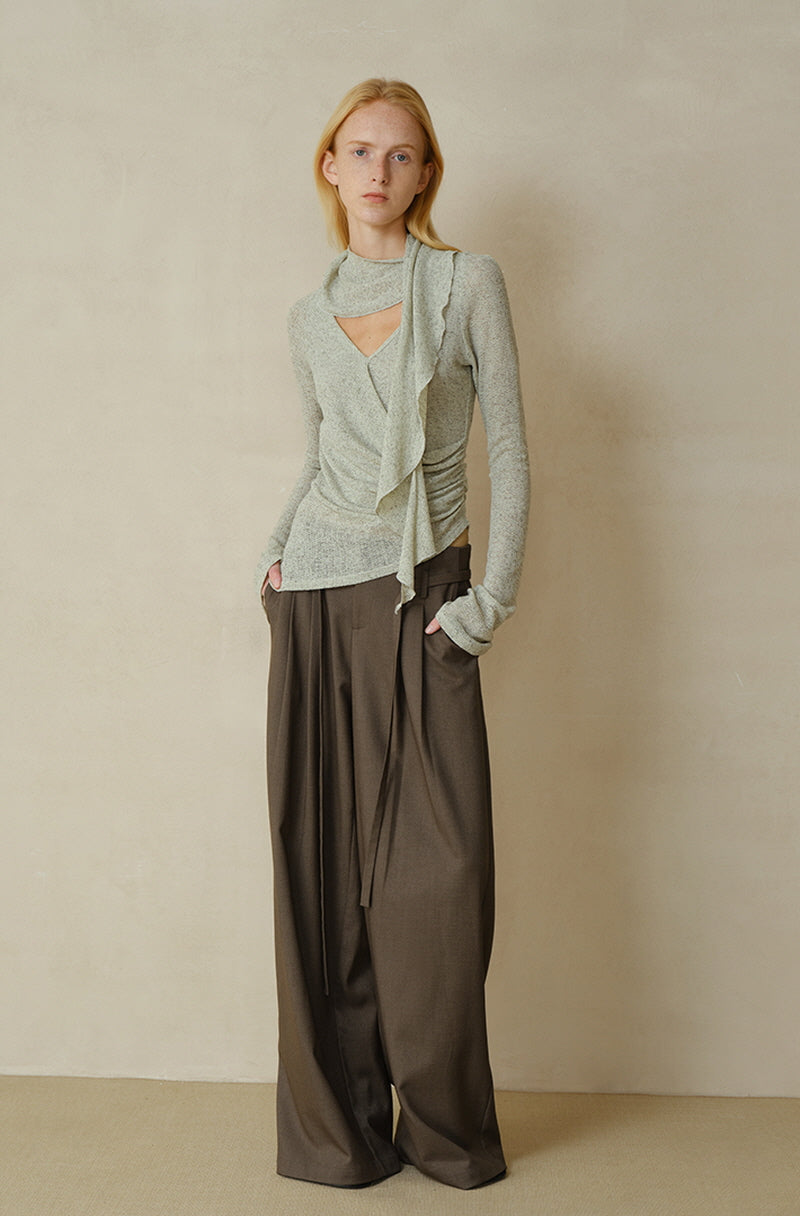 Cross-Drape Pleated V-Neck Flared Sleeve Top