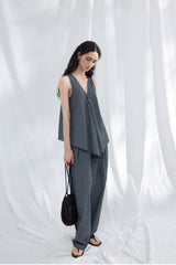 Lace-Up V-Neck Irregular Sleeveless Top