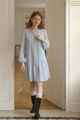 V-Neck Puff Sleeve Tie Waist Long Dress