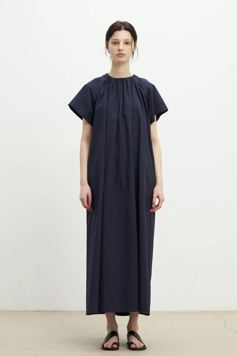 Elastic Shirred High-Cut Neck Maxi Dress