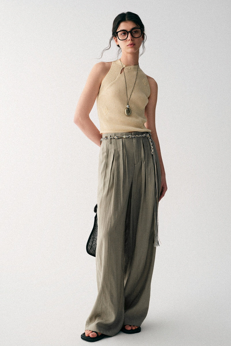 Hand-Braided Rope Waist Wide-Leg Pants