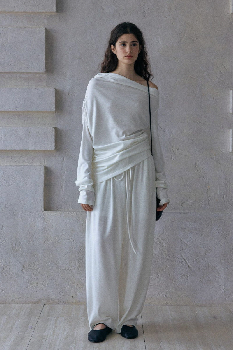 Lazy Irregular Collar Pleated Knitted Top