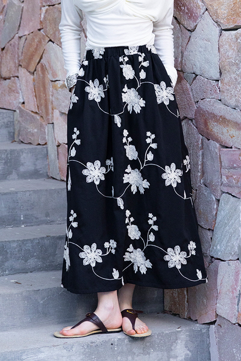 Embroidered A-Line Midi Skirt