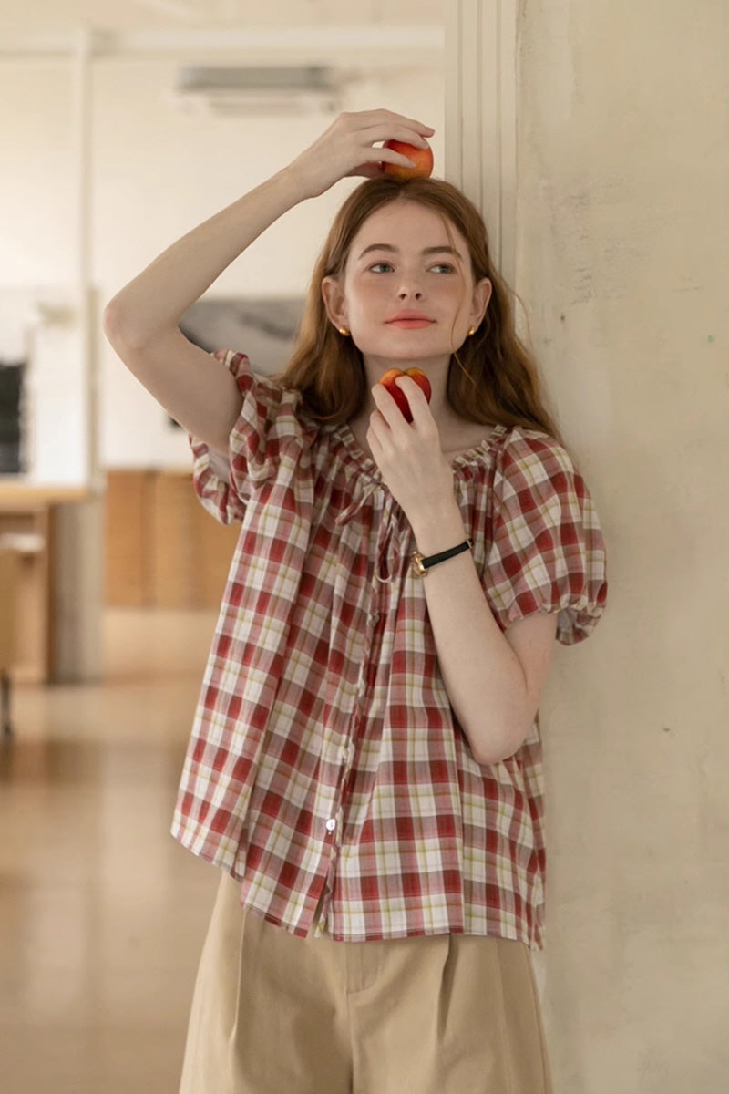 Elasticated Neckline Lace-Up Short Sleeve Shirt