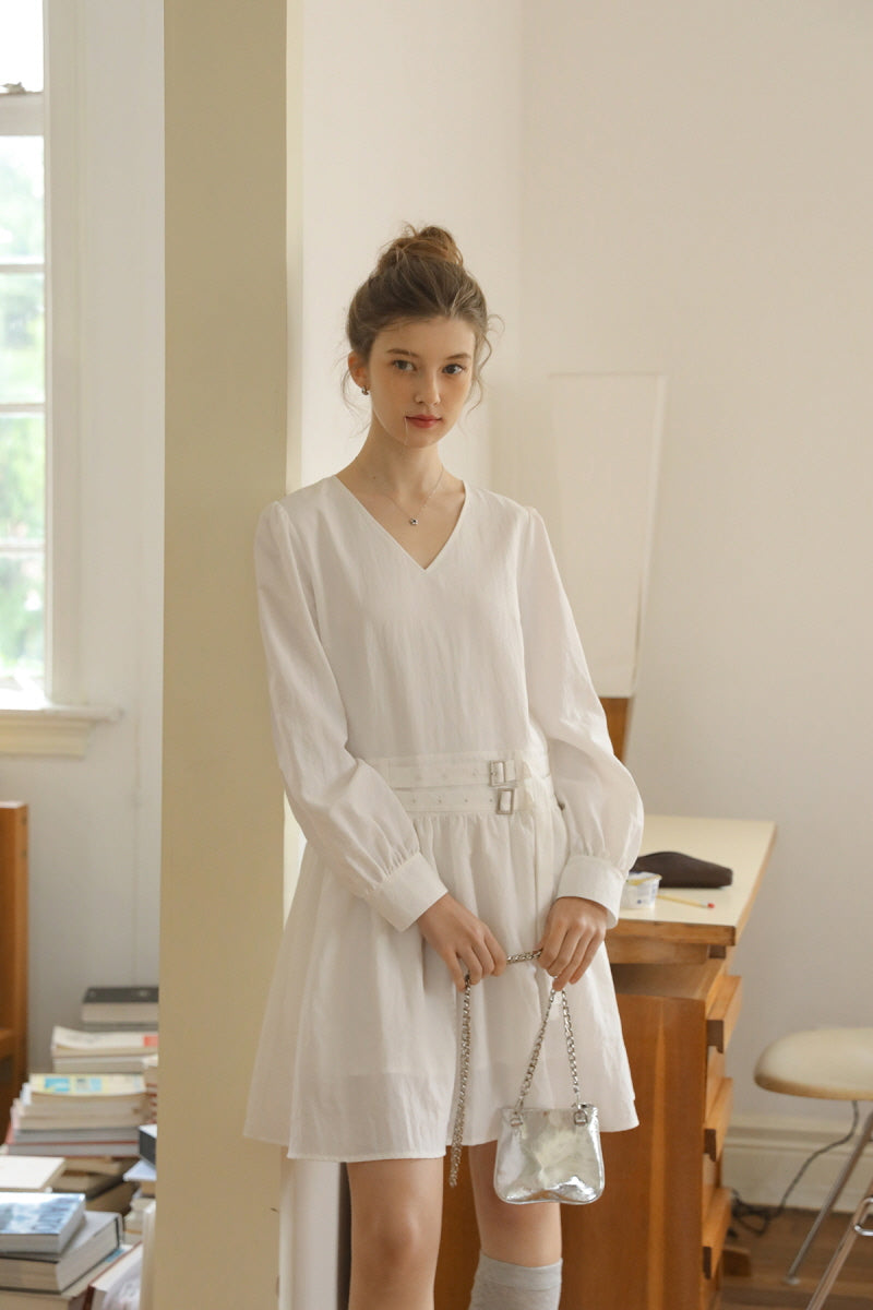 Double Belt Cinched V-Neck Long Sleeve Dress