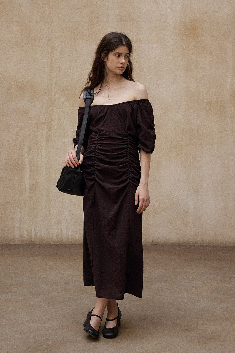 Crumpled Pleated One-Shoulder Maxi Dress