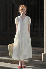Split V-Neck Puff Sleeve Shirt Dress