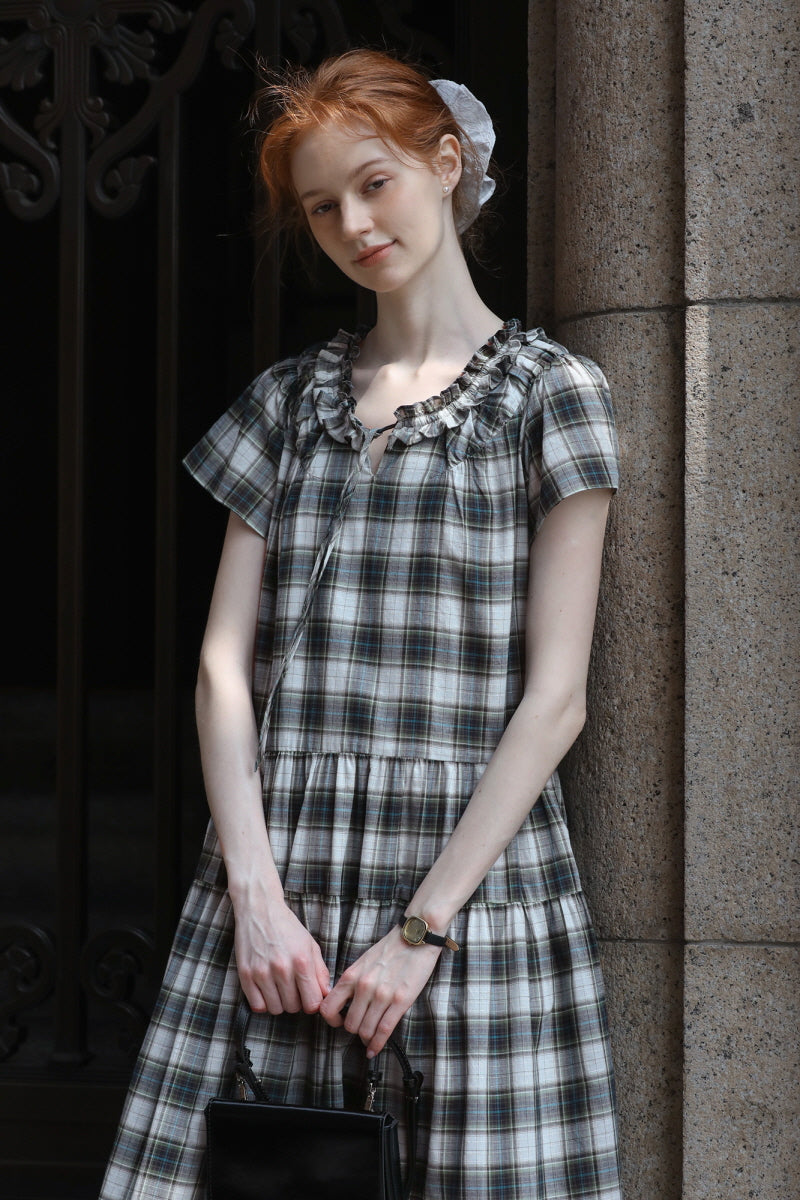 French Vintage Tie V-Neck Check Dress