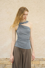 Twisted Halterneck Slanted Shoulder Knit Top