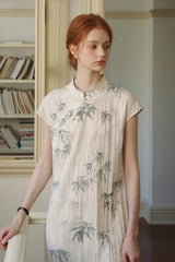 Diagonal Placket Ink Bamboo Cheongsam Dress