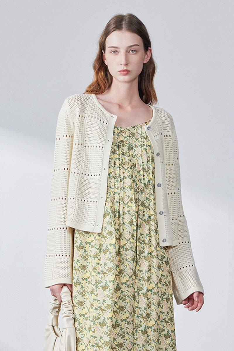 Textured Micro-Cut-Out Knit Pearl Button Cardigan