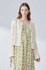 Textured Micro-Cut-Out Knit Pearl Button Cardigan