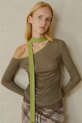 Slanted Shoulder Contrast Panel Knit Top