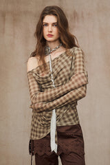 Asymmetrical Plaid Off-Shoulder Top