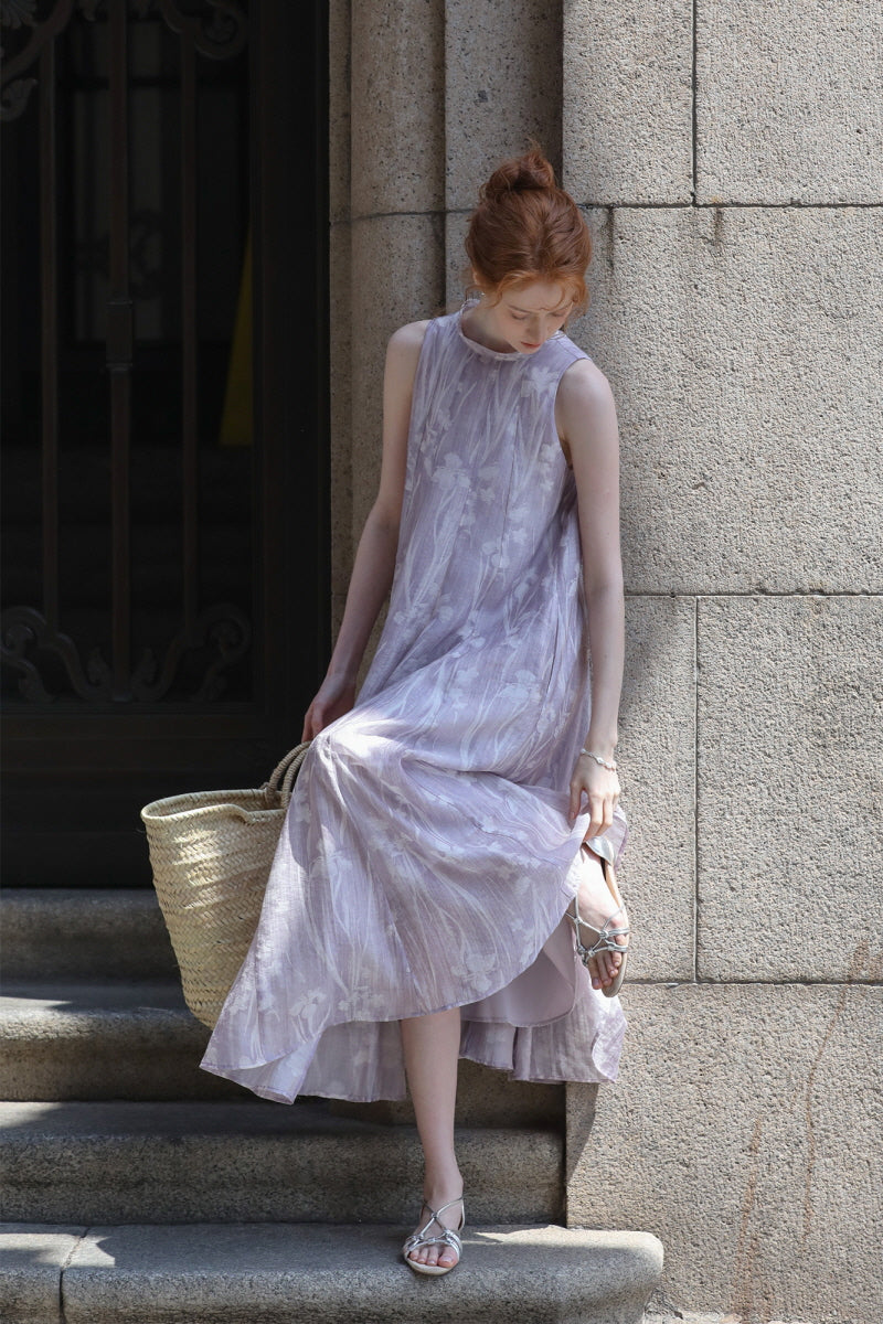 Streamer Stand Collar Sleeveless Dress