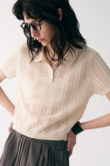 Cut-Out Texture Polo Neck Short Sleeve Smock T-Shirt