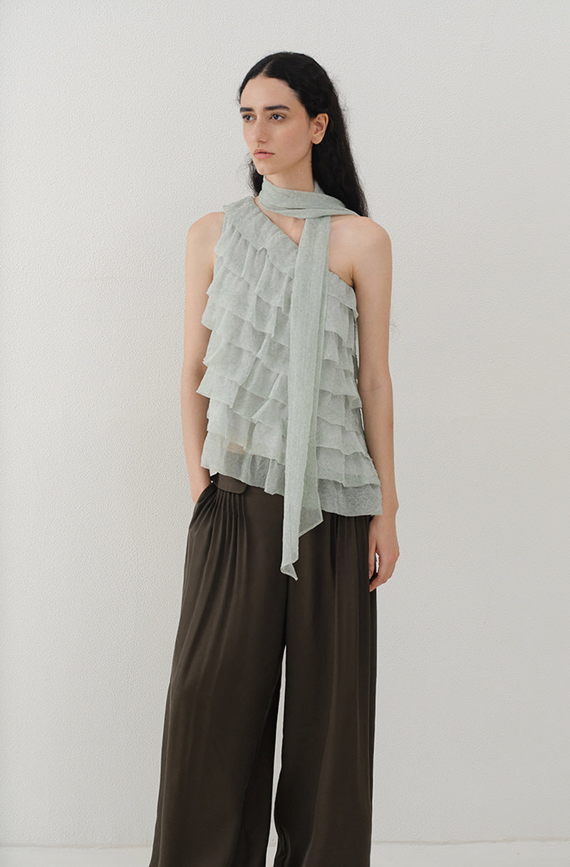 Asymmetrical Ruffle Slanted-Shoulder Top