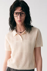 Cut-Out Texture Polo Neck Short Sleeve Smock T-Shirt
