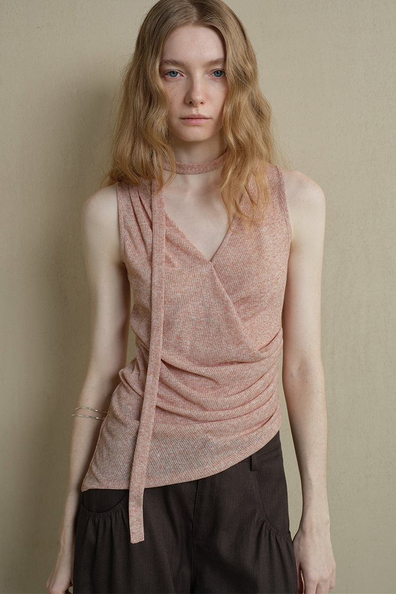 Asymmetrical Hem Pleated Streamer Halterneck Vest