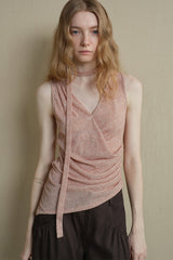 Asymmetrical Hem Pleated Streamer Halterneck Vest