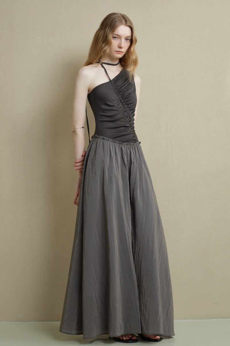 Irregular Panel Pleated Slanted-Shoulder Dress