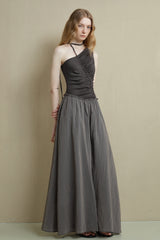 Irregular Panel Pleated Slanted-Shoulder Dress